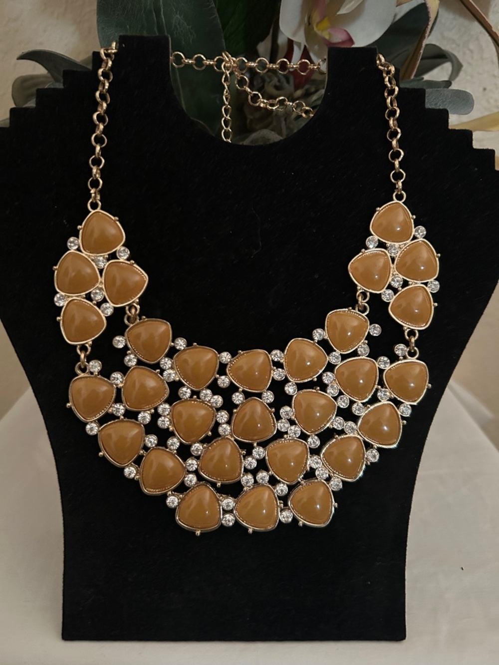 Statement Tan Bib Necklace with Clear Crystal Accents